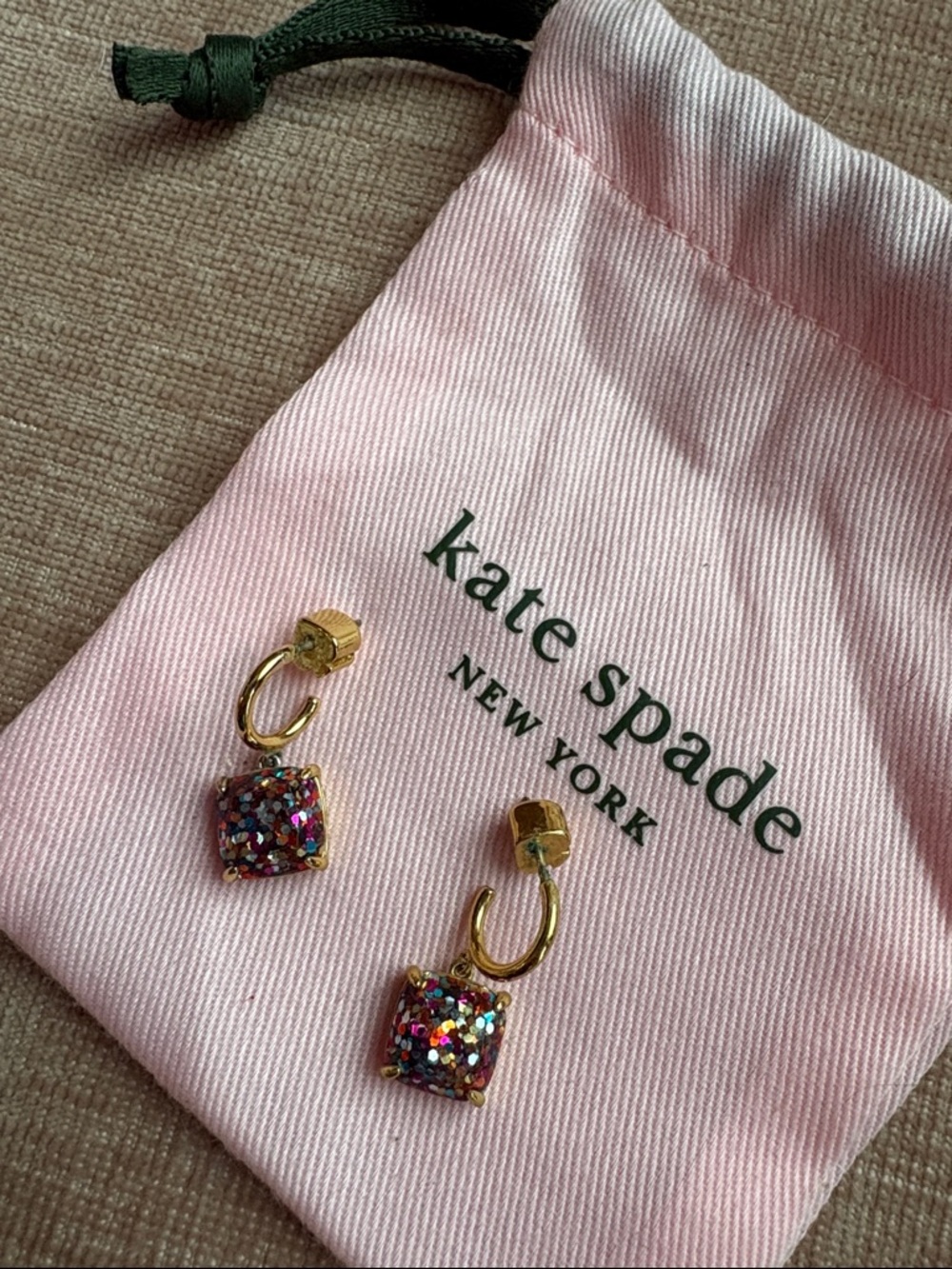 kate spade Gold Hoop Earrings with Multicolor Glitter Cube Charms and Pink Pouch